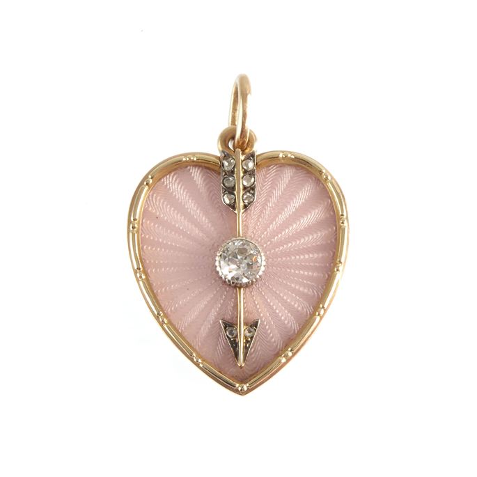 Early 20th century Russian pink guilloche enamel, diamond and gold heart and arrow pendant by Karl Hahn, St. Petersburg c.1910, | MasterArt